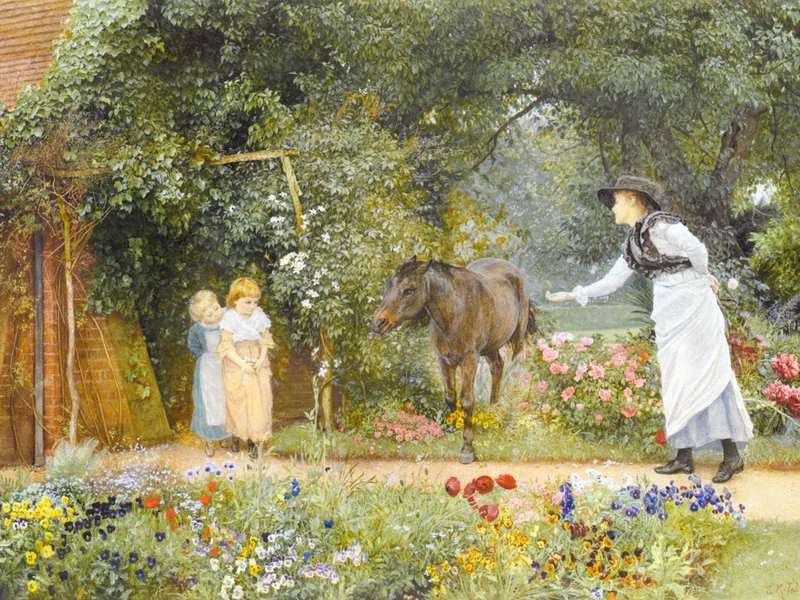 1825-Edward Killingworth Johnson - Dare da mangiare a un pony in un giardino del Surrey